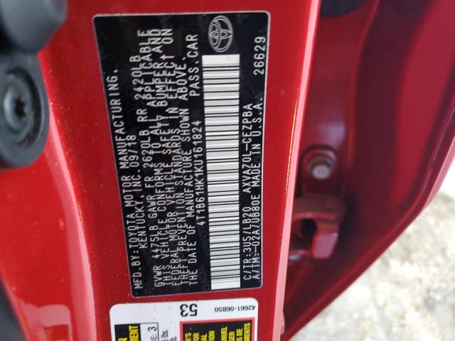 4T1B61HK1KU161824 - 2019 TOYOTA CAMRY XSE Красный фото 12