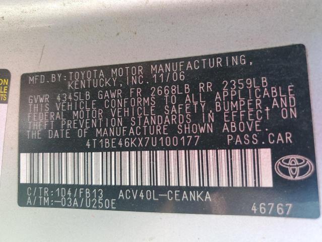 4T1BE46KX7U100177 - 2007 TOYOTA CAMRY CE Gümüş foto 12