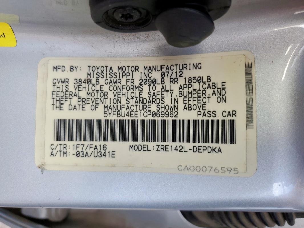 5YFBU4EE1CP069962 - 2012 TOYOTA COROLLA BASE Grafit fotoğraf 12