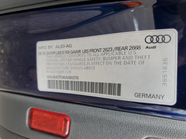 WAUB4CF59KA080376 - 2019 AUDI S5 PREMIUM PLUS BLUE photo 12