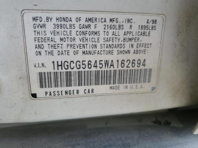 1HGCG5645WA162694 - 1998 HONDA ACCORD LX WHITE photo 13