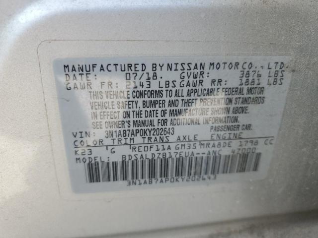 3N1AB7AP0KY202643 - 2019 NISSAN SENTRA S SILVER photo 12