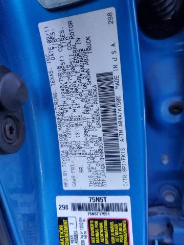 5TFJU4GN1BX009530 - 2011 TOYOTA TACOMA DOUBLE CAB PRERUNNER BLUE photo 12