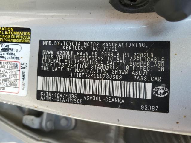 4T1BE32K06U730689 - 2006 TOYOTA CAMRY LE 银色 照片 12