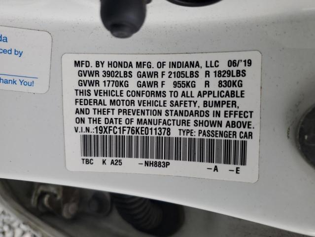 19XFC1F76KE011378 - 2019 HONDA CIVIC EXL თეთრი ფოტო 12