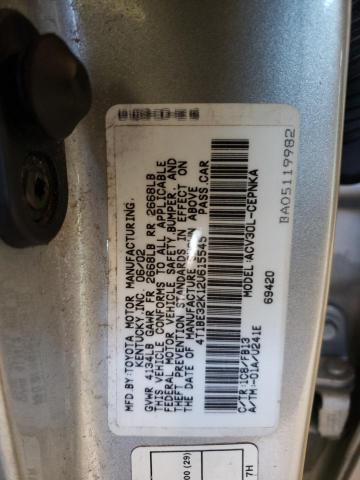 4T1BE32K12U615545 - 2002 TOYOTA CAMRY LE SILVER photo 12