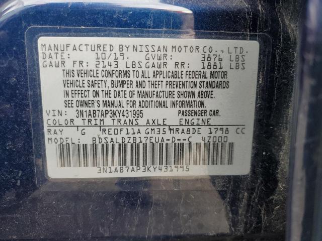 3N1AB7AP3KY431995 - 2019 NISSAN SENTRA S BLUE photo 12