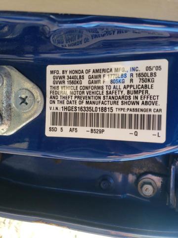 1HGES16335L018815 - 2005 HONDA CIVIC DX VP Blau Foto 12