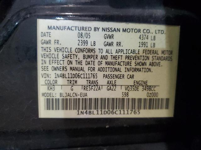 1N4BL11D06C111765 - 2006 NISSAN ALTIMA SE BLACK photo 12