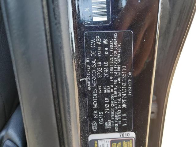 3KPF24AD1KE135110 - 2019 KIA FORTE FE შავი ფოტო 12