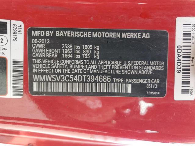 WMWSV3C54DT394686 - 2013 MINI COOPER S RED photo 12