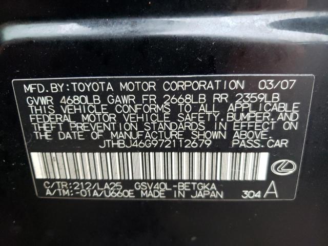 JTHBJ46G972112679 - 2007 LEXUS ES 350 BLACK photo 12