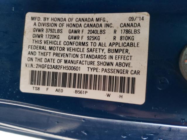 2HGFG3A82FH500601 - 2015 HONDA CIVIC EX BLUE photo 12