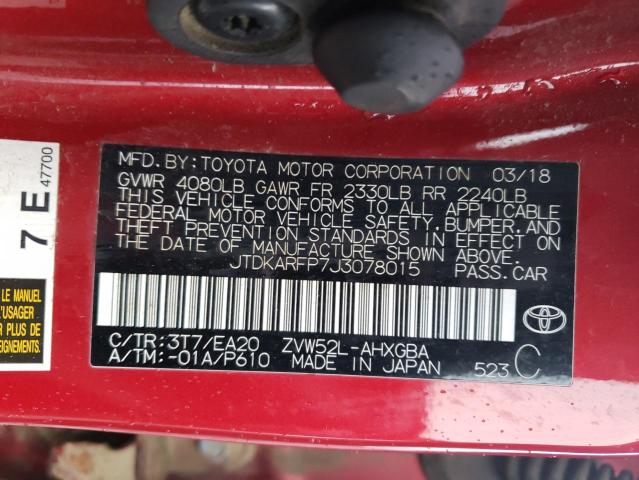 JTDKARFP7J3078015 - 2018 TOYOTA PRIUS PRIM RED photo 12