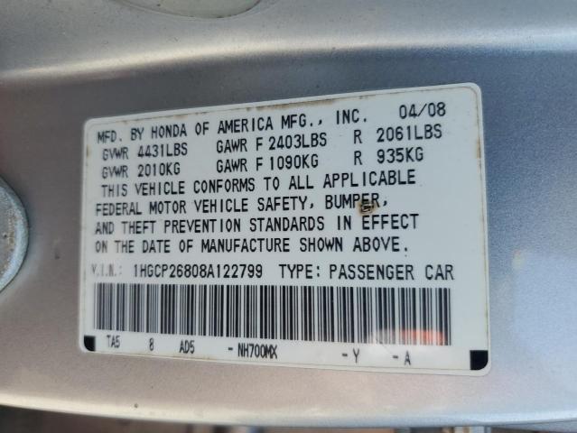 1HGCP26808A122799 - 2008 HONDA ACCORD EXL SILVER photo 12