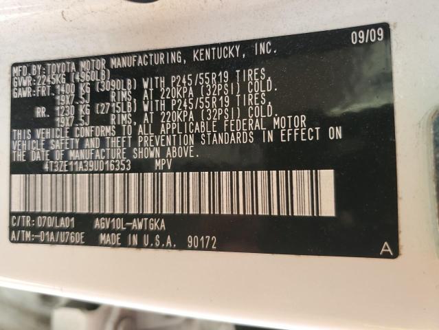 4T3ZE11A39U016353 - 2009 TOYOTA VENZA WHITE photo 13