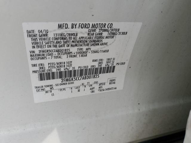 2FMGK5CC7ABD01825 - 2010 FORD FLEX SEL WHITE photo 12