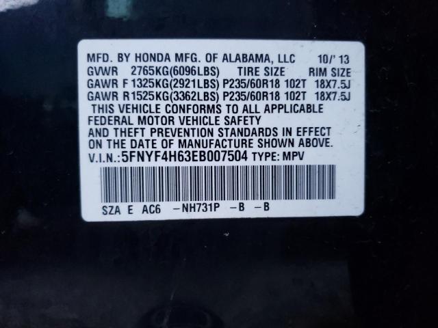 5FNYF4H63EB007504 - 2014 HONDA PILOT EXL BLACK photo 12