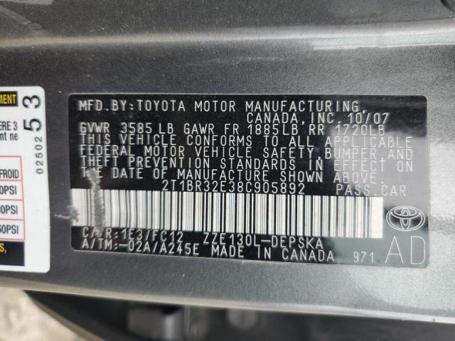 2T1BR32E38C905892 - 2008 TOYOTA COROLLA CE GRAY photo 12