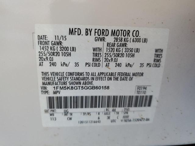 1FM5K8GT5GGB60158 - 2016 FORD EXPLORER SPORT თეთრი ფოტო 14