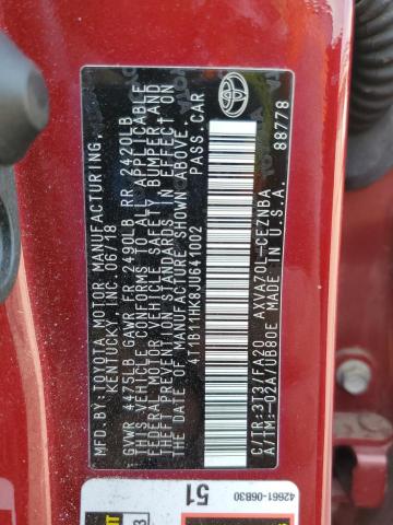 4T1B11HK8JU641002 - 2018 TOYOTA CAMRY L 栗色 照片 12