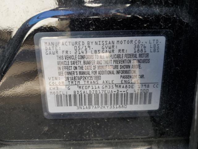 3N1AB7AP2KY351880 - 2019 NISSAN SENTRA S Czarny zdjęcie 12