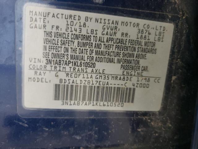 3N1AB7AP1KL610520 - 2019 NISSAN SENTRA S BLUE photo 12