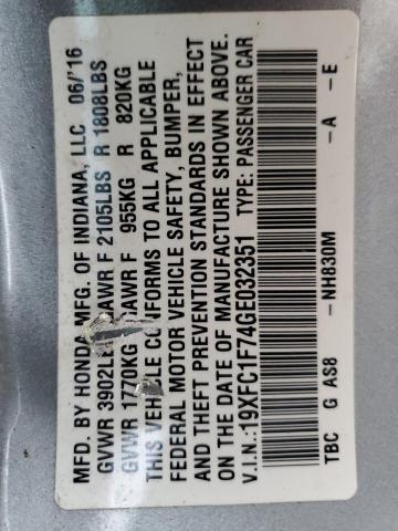 19XFC1F74GE032351 - 2016 HONDA CIVIC EXL Արծաթագույն լուսանկար 13