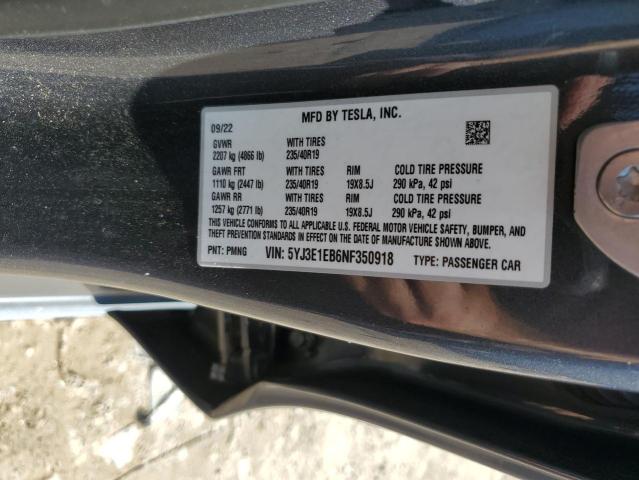 5YJ3E1EB6NF350918 - 2022 TESLA MODEL 3 Boz foto 12