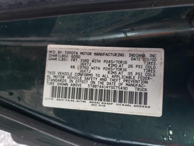 5TBBT4414YS075490 - 2000 TOYOTA TUNDRA ACCESS CAB GREEN photo 12