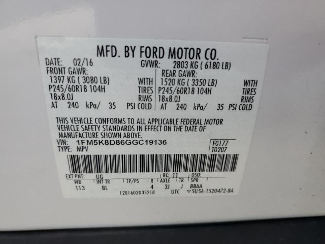 1FM5K8D86GGC19136 - 2016 FORD EXPLORER XLT Weiß Foto 13