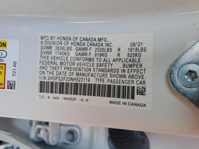 2HGFE2F22NH523119 - 2022 HONDA CIVIC LX 白色 照片 13