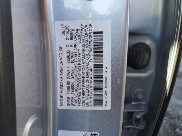 1HGCV1F16KA170463 - 2019 HONDA ACCORD LX SILVER photo 12