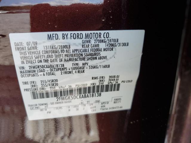 2FMGK5DCXABA18138 - 2010 FORD FLEX LIMITED Марун фото 13