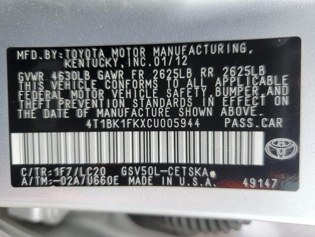 4T1BK1FKXCU005944 - 2012 TOYOTA CAMRY SE SILVER photo 12