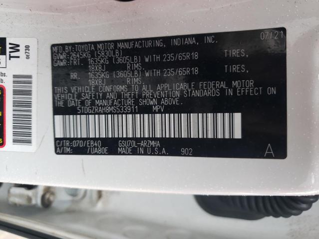 5TDGZRAH8MS533911 - 2021 TOYOTA HIGHLANDER XLE WHITE photo 12