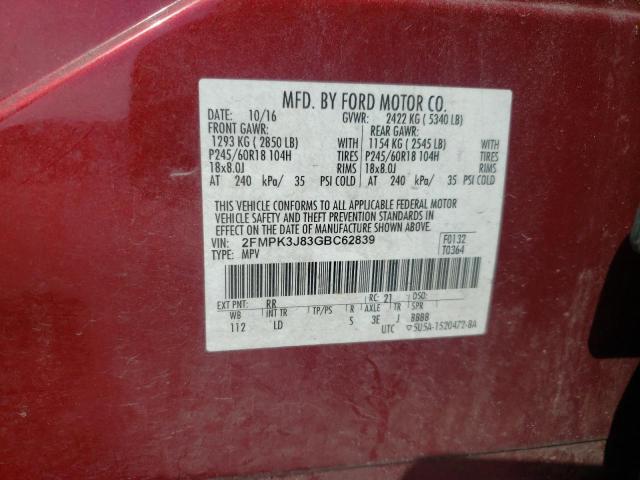 2FMPK3J83GBC62839 - 2016 FORD EDGE SEL ბურგუნდია ფოტო 13