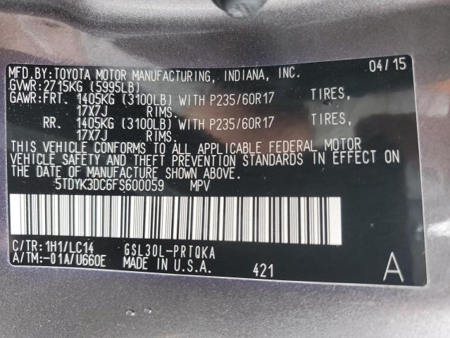 5TDYK3DC6FS600059 - 2015 TOYOTA SIENNA XLE GRAY photo 13