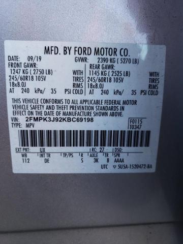 2FMPK3J92KBC69198 - 2019 FORD EDGE SEL SILVER photo 12