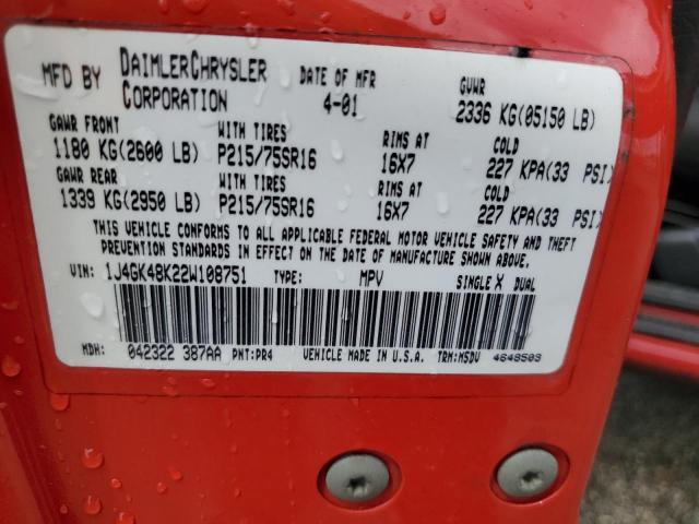 1J4GK48K22W108751 - 2002 JEEP LIBERTY SPORT RED photo 13