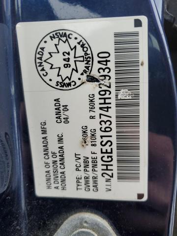 2HGES16374H929340 - 2004 HONDA CIVIC DX VP BLUE photo 12