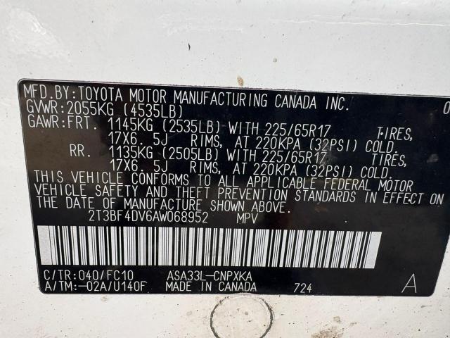 2T3BF4DV6AW06895 - 2010 TOYOTA RAV4 Սպիտակ լուսանկար 10