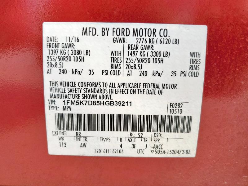 1FM5K7D85HGB39211 - 2017 FORD EXPLORER XLT MAROON photo 14