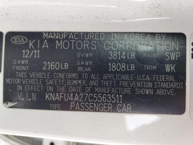 KNAFU4A27C5563511 - 2012 KIA FORTE EX WHITE photo 12