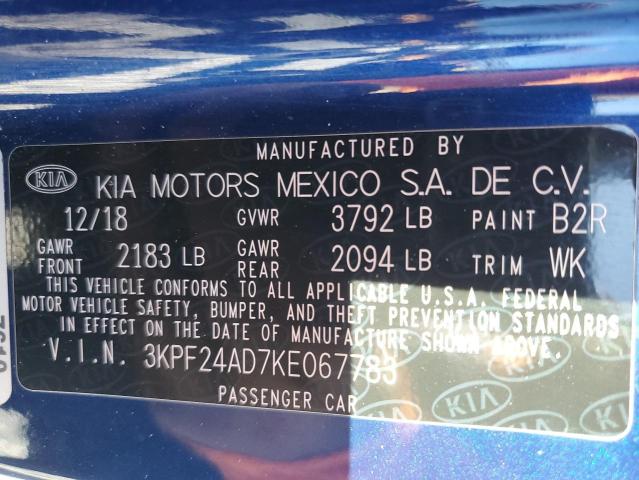 3KPF24AD7KE067783 - 2019 KIA FORTE FE BLUE photo 12
