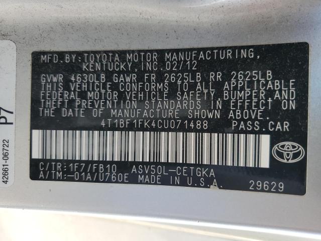 4T1BF1FK4CU071488 - 2012 TOYOTA CAMRY BASE Күміс фото 13