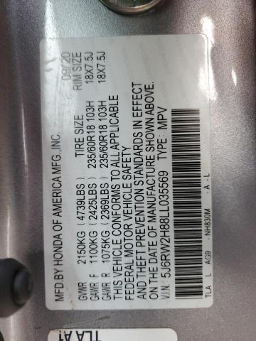 5J6RW2H88LL035569 - 2020 HONDA CR-V EXL SILVER photo 12