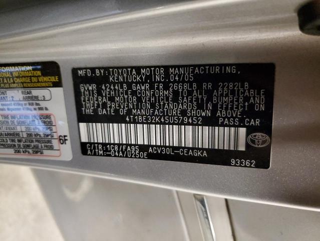 4T1BE32K45U579452 - 2005 TOYOTA CAMRY LE SILVER photo 12