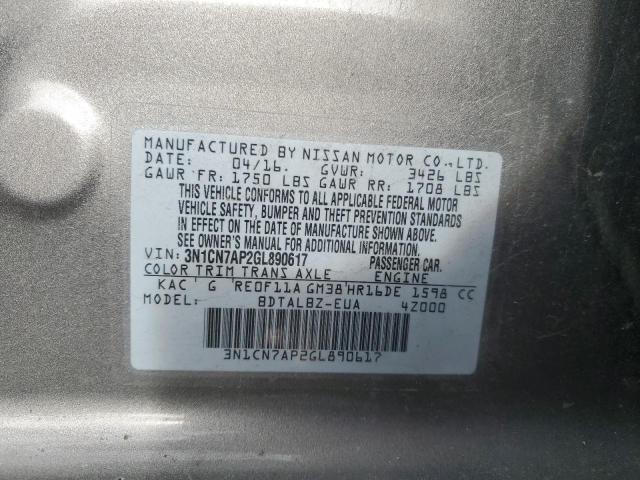 3N1CN7AP2GL890617 - 2016 NISSAN VERSA S GRAY photo 12