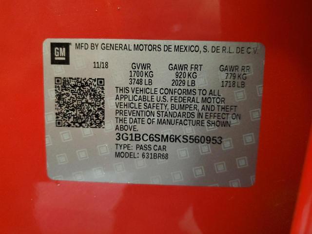 3G1BC6SM6KS560953 - 2019 CHEVROLET CRUZE LS Rouge photo 13